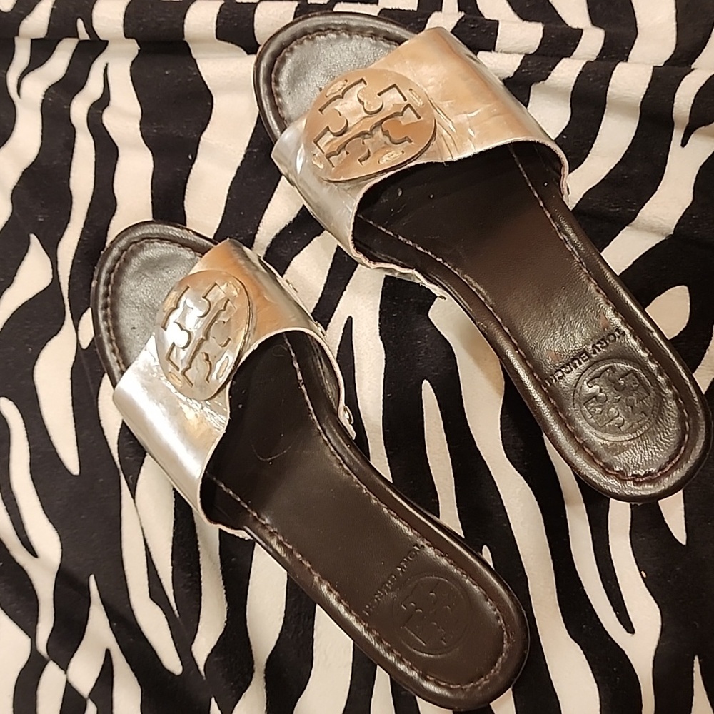 Tory Burch Metallic Silver Slide Sandals